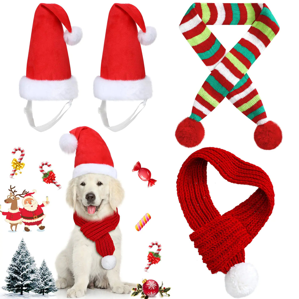 Frienda 4 Pcs Christmas Santa Hat with Dog Scarf Dog Christmas Outfit Costume 2 Adjustable Christmas Dog Hat and 2 Dog Knit Red Scarf Winter Pet Accessory for Small Medium Large Dog (Medium)