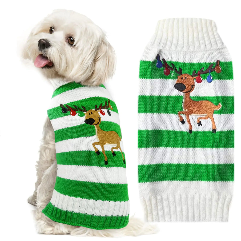 DOGGYZSTYLE Christmas Dog Sweaters Xmas Pet Outfits Striped Elk Costume Holiday Clothes Gifts Puppy Cat Knitted Jumpers (XLGreen White Stripe Elk)